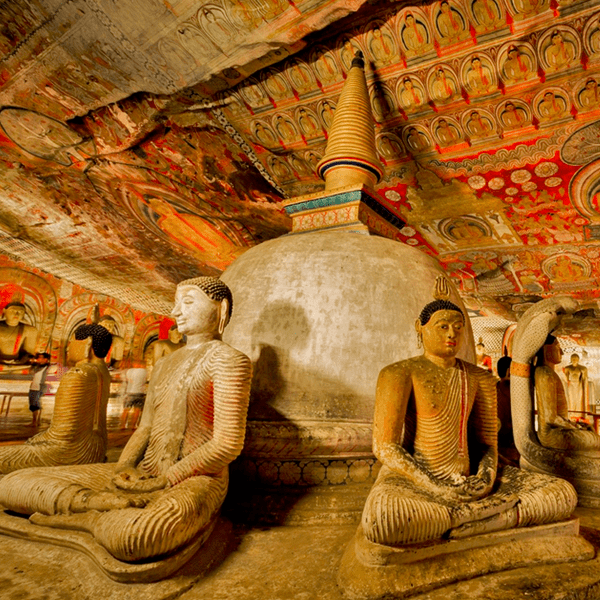 Statues in a Buddhist temple on a yoga retreat in Sri Lanka with The Travel Yogi.