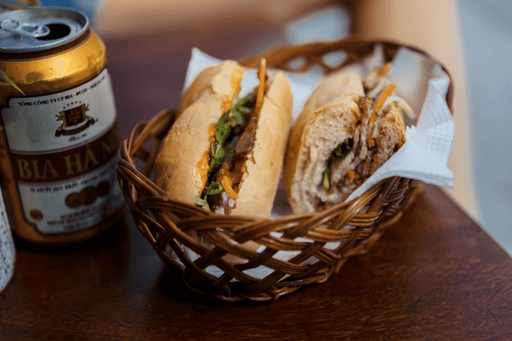 Banh mi sandwich in basket. The Travel Yogi explores 5 typical dishes in Vietnam and Cambodia.