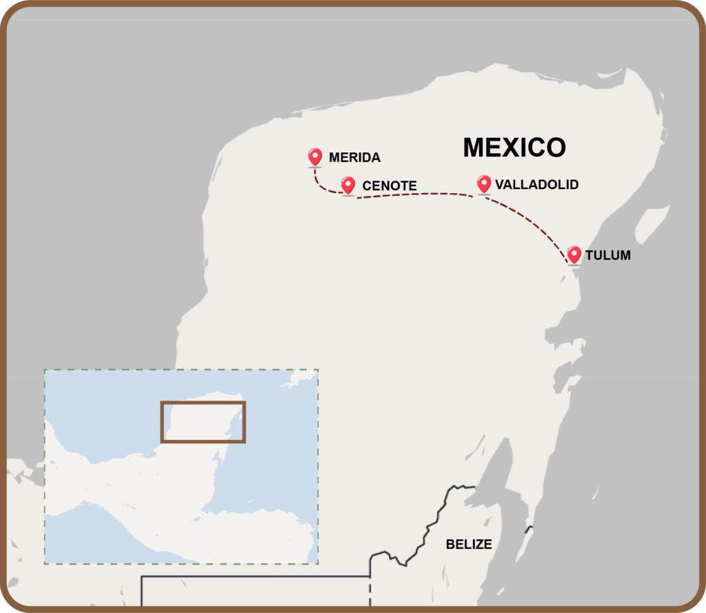 Map of Mexico with Mérida highlighted. Explore Mérida on this yoga retreat in Mexico with The Travel Yogi.