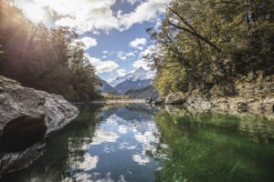 View from the reflection in the river in Glenorchy, New Zealand