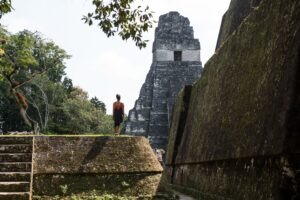 Person overlooking a temple at Tikal in Guatemala