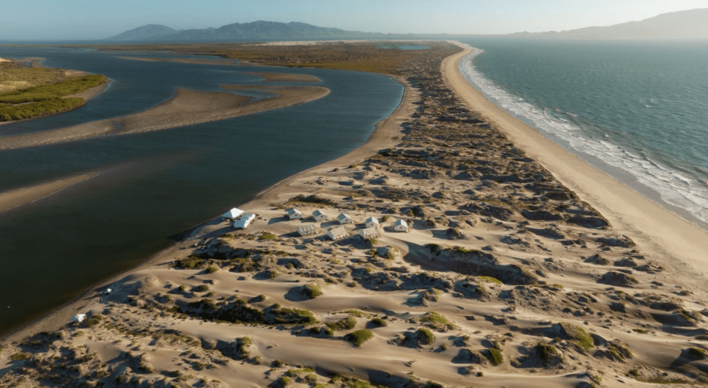 Overhead shot of a glamping camp on Magdalena Bay in Baja California Sur, Mexico.