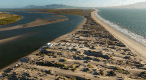 Overhead shot of a glamping camp on Magdalena Bay in Baja California Sur, Mexico.